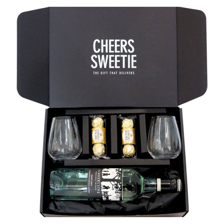 Pinot Gris Wine Hamper, two stemless white wine glasses, and snacks.