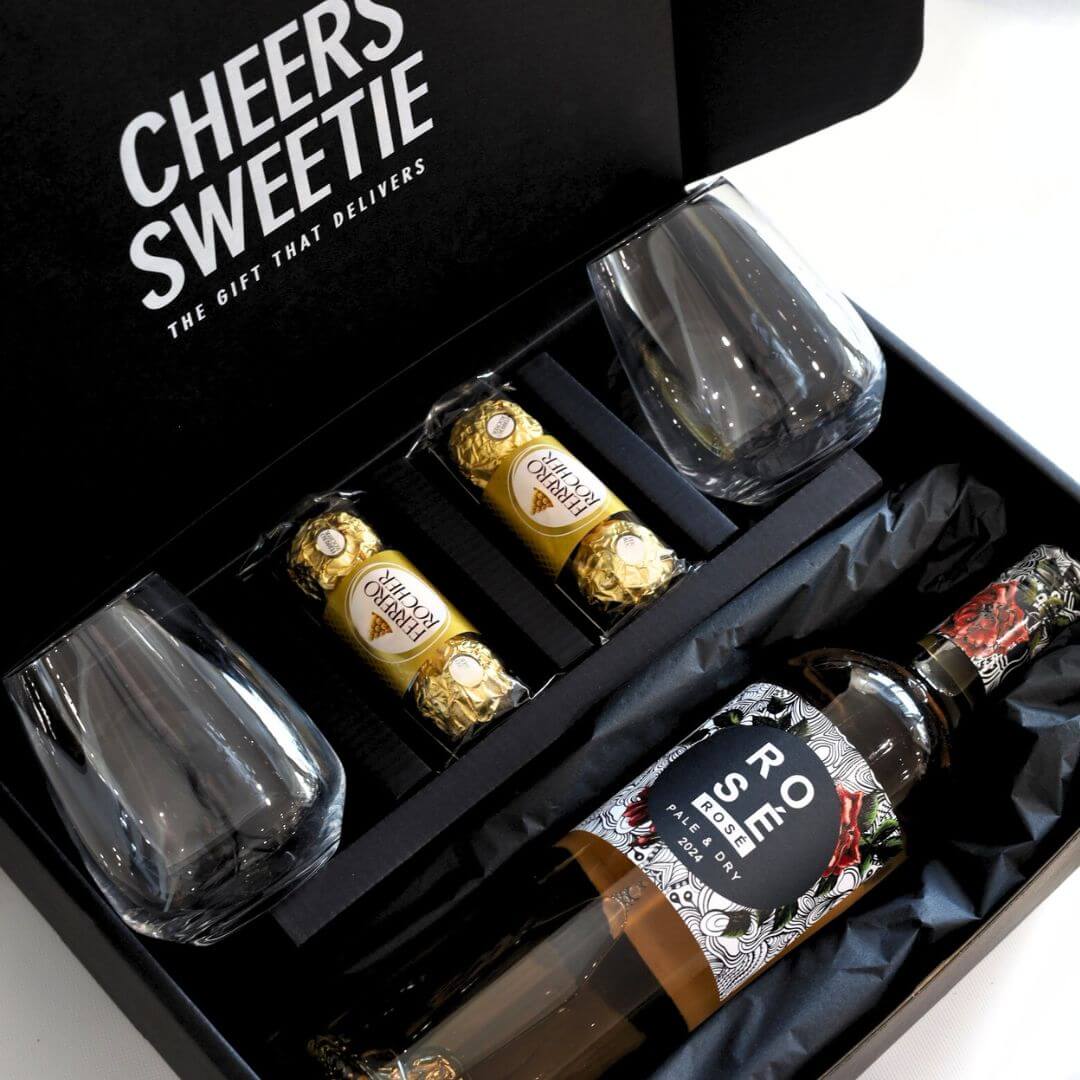 Rosé wine gift hamper with chocolates