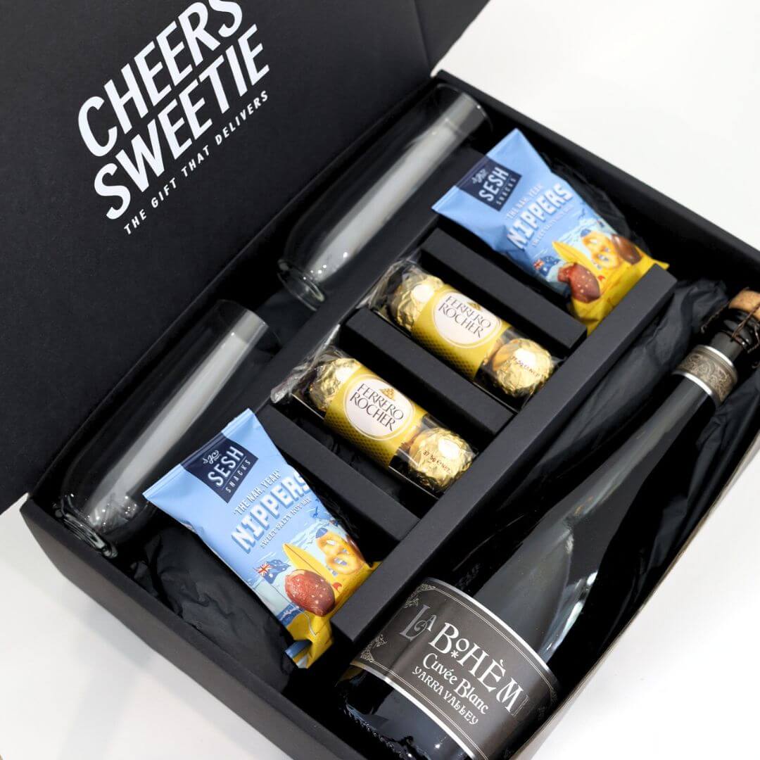 Sparkling Wine Hamper – Gift Box with Flutes & Treats | Cheers Sweetie