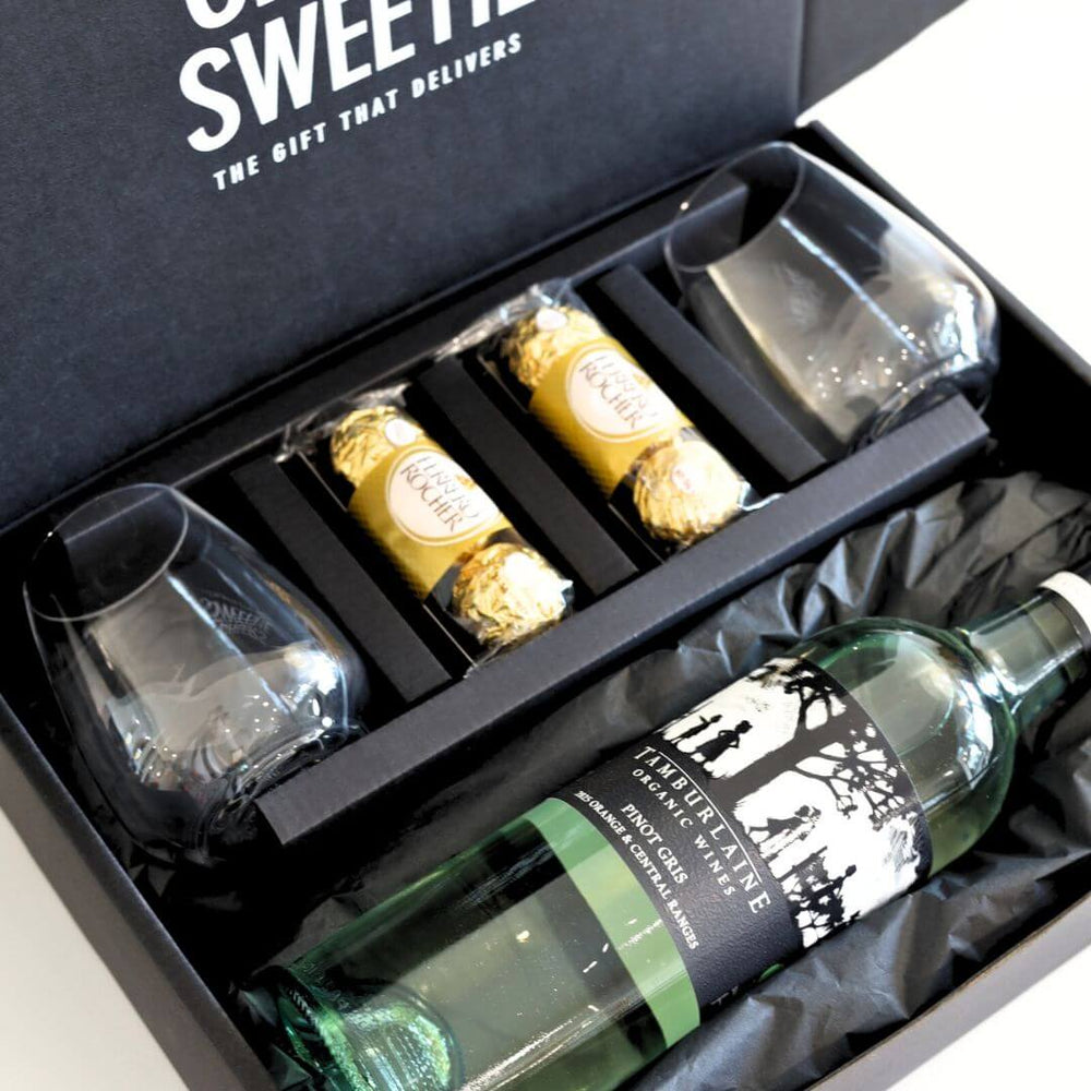 Pinot Gris Wine Gift gift set with bottles, glasses, and chocolates in a hamper box