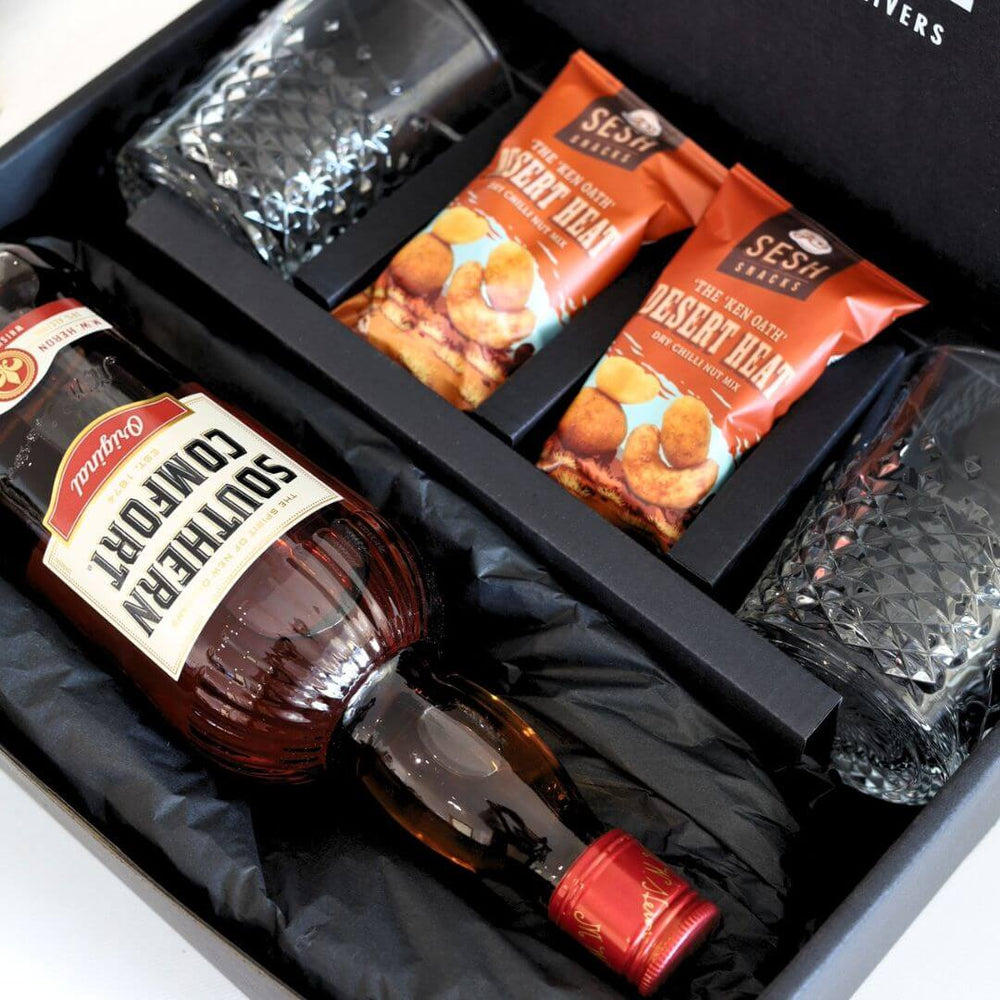 Southern Comfort Gift set with snacks, and glasses in a hamper box
